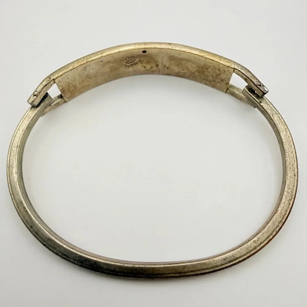 Vintage Taxco Mexico Mother of Pearl Floral Purple Enamel Alpaca Silver Bangle
